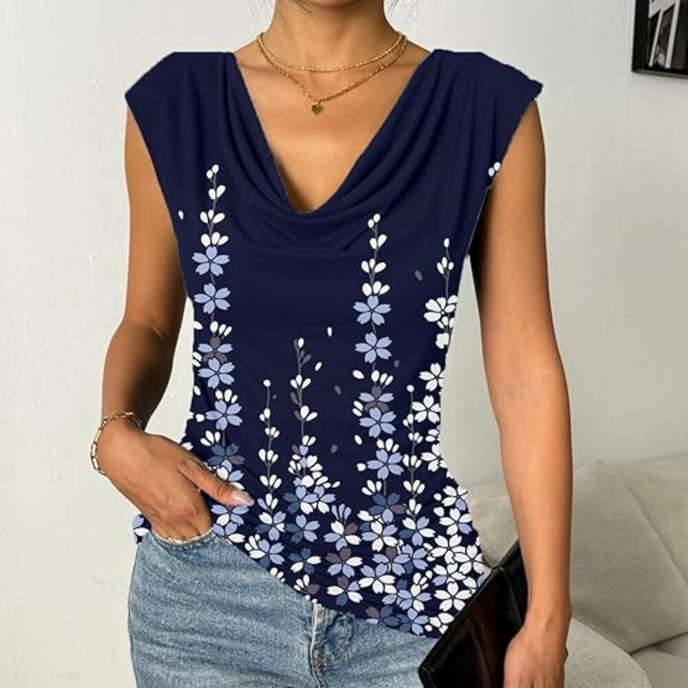Floral Navy Sleeveless Ruched Tunic Top